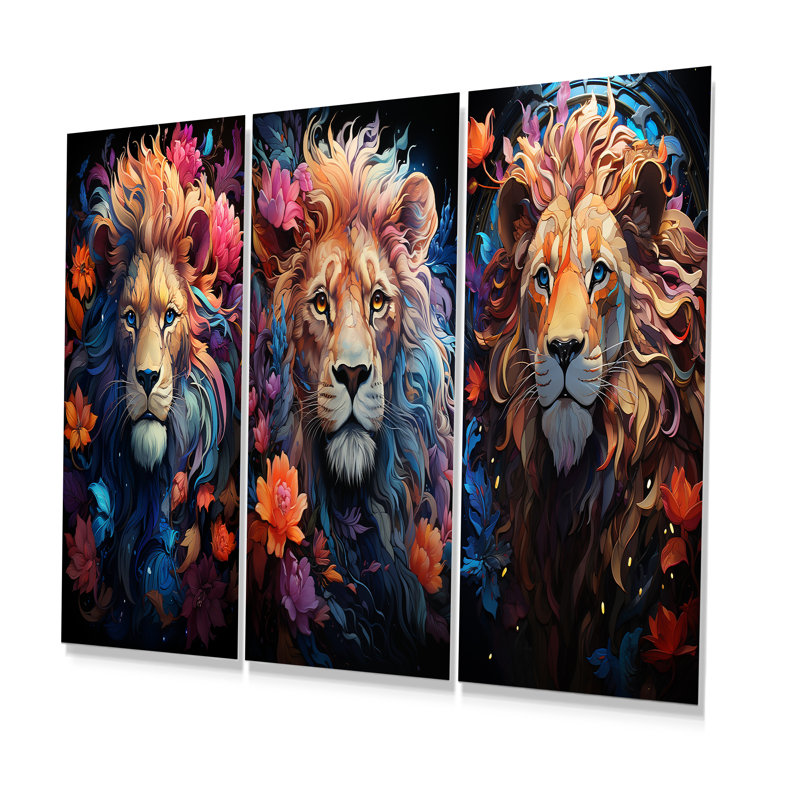 Lions Twilight Monarch - Lion, ensemble de 3 reproductions d'art en métal, H 32 po x l 48 po