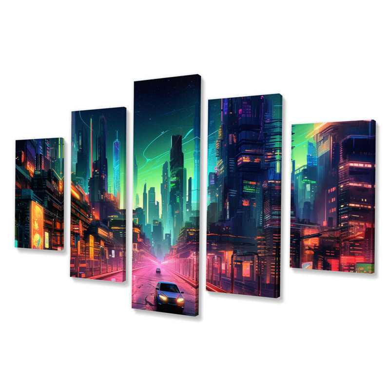 «Berlin Neon Cityscape I» sur toile, reproduction de 5 pièces
