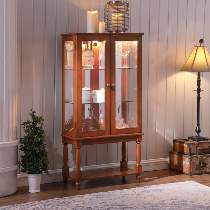Walnut Coloured Antique Cabinet With Tempered Glass Door And Acrylic Mirror Back Panel, Traditional Display Storage For Living Room And Bedroom