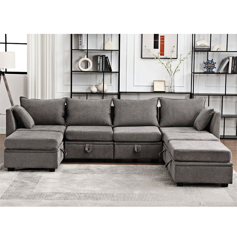 Upholstered U-Shaped Sectional Right Hand Facing, Gray Fabric
