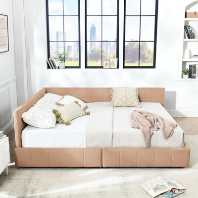 Lit de jour grand style Mid-Century, revêtement en velours rose et lit de repos de taille salon avec cadre en bois d'eucalyptus