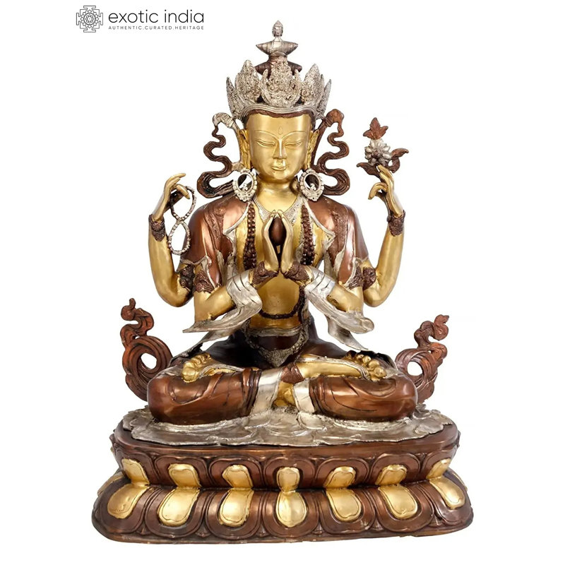 Statue de divinité bouddhiste tibétaine en laiton Chenrezig, hauteur 28 po. Bodhisattva à quatre bras fabriqué à la main pour salle de méditation et autel spirituel