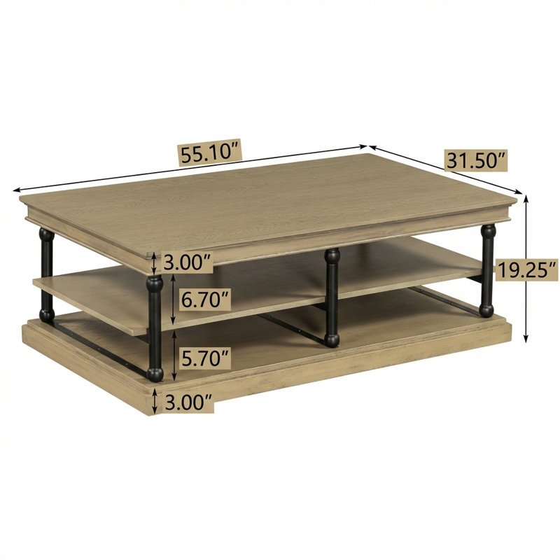 Table basse en bois de 55,1 po avec pieds noirs, avec 2 tablettes de rangement ouvertes. Une table de salon moderne en brun.