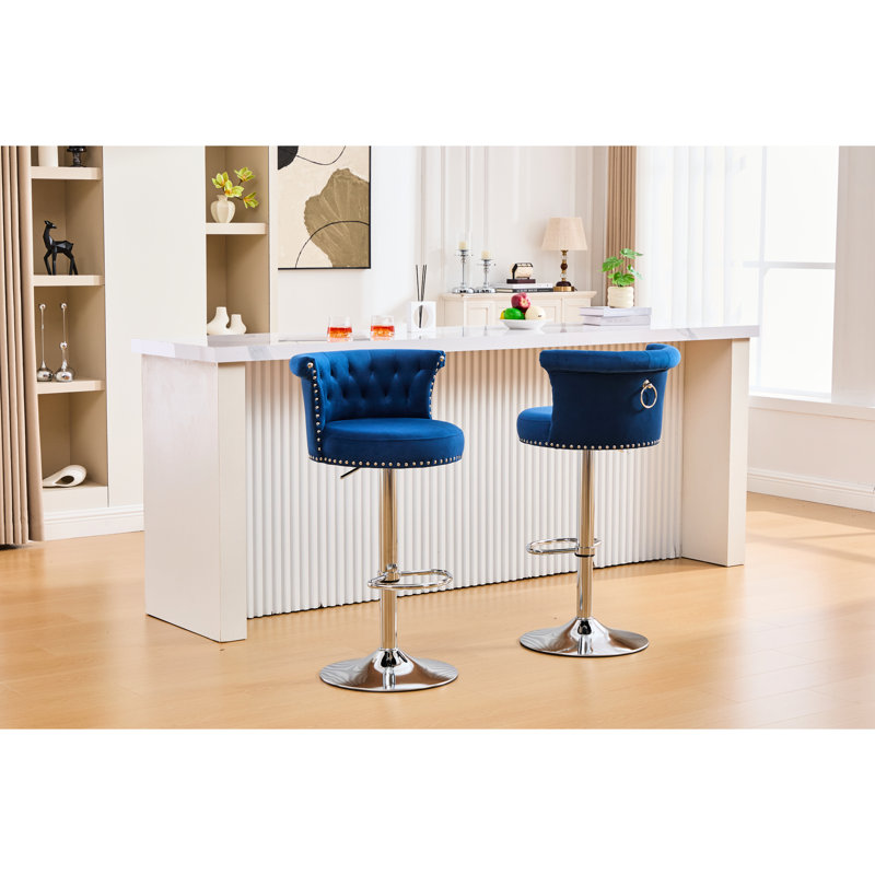 Tabouret de bar réglable à hauteur de comptoir pivotant de 2, tissu en velours, tête de clou, base à glissière, pour les réunions