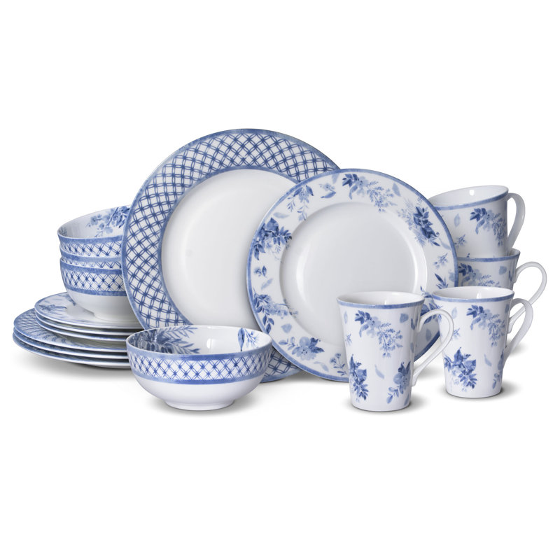 Kiley 16-Piece Blue and White Porcelain Dinnerware Set, Service for 4