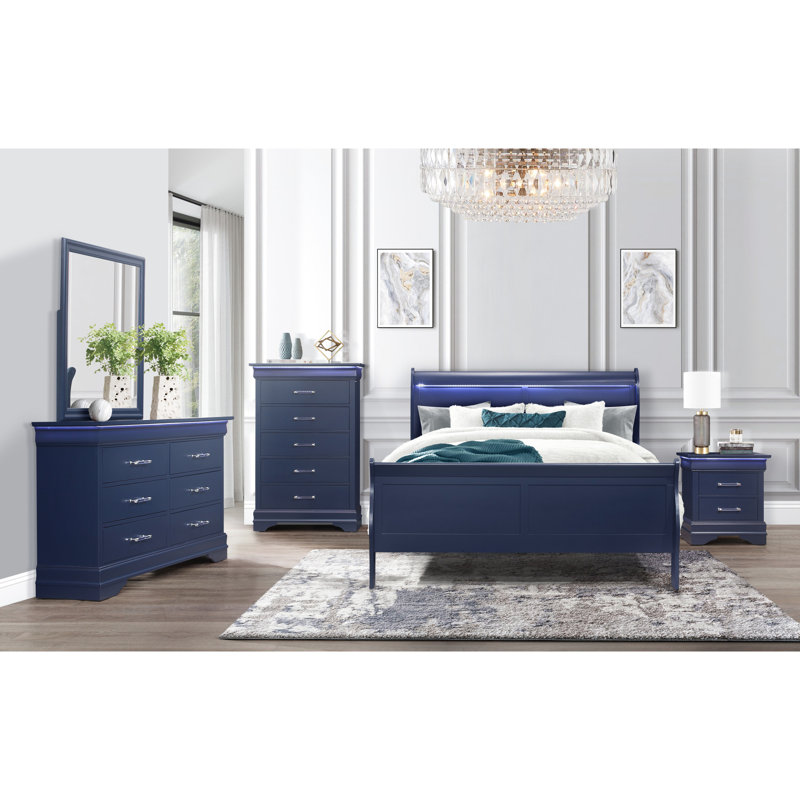 Table de chevet 2 tiroirs en bleu avec DEL - Spacieux, rangement spacieux en métal, aspect transitionnel