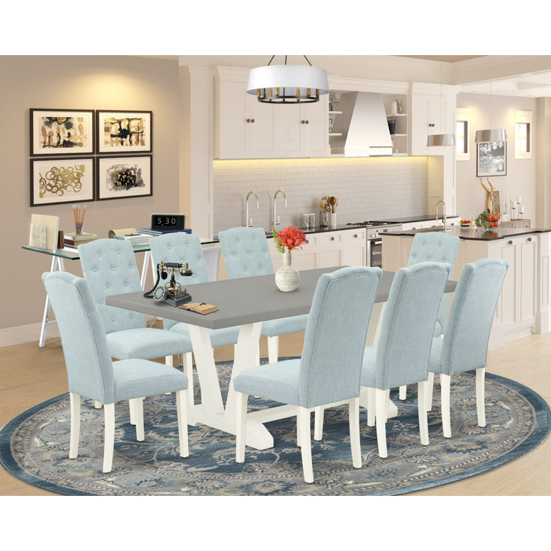 9-Piece Table Set- 8 kitchen chairs with Baby Blue Linen Fabric Seat and Button Tufted Chair Back - Cement Rectangular Tabletop - Wire Brushed Linen White.