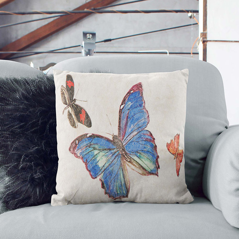 Three Butterflies by Fujishima Takeji Cushion with Filling, 40cm H x 40cm W x 15cm D, Stone