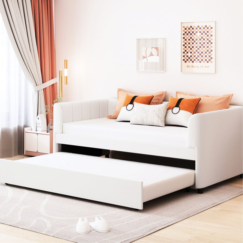 Lit de jour simple en velours beige avec housse de lit gigogne extensible et compacte pour un sommeil confortable