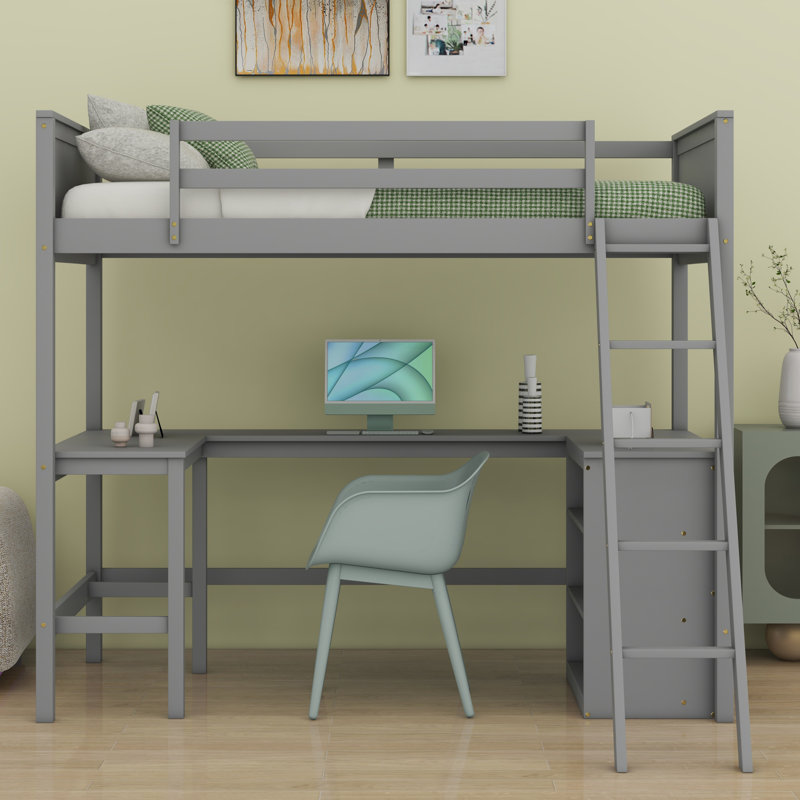 Lit mezzanine avec tablettes et bureau, Gris