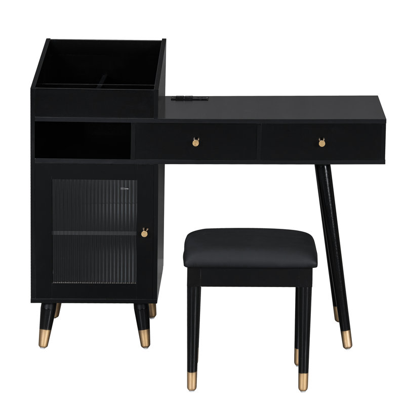 Meuble-lavabo moderne avec tiroirs, armoire et port de charge, ensemble de coiffeuse avec tabouret pour petits espaces, noir