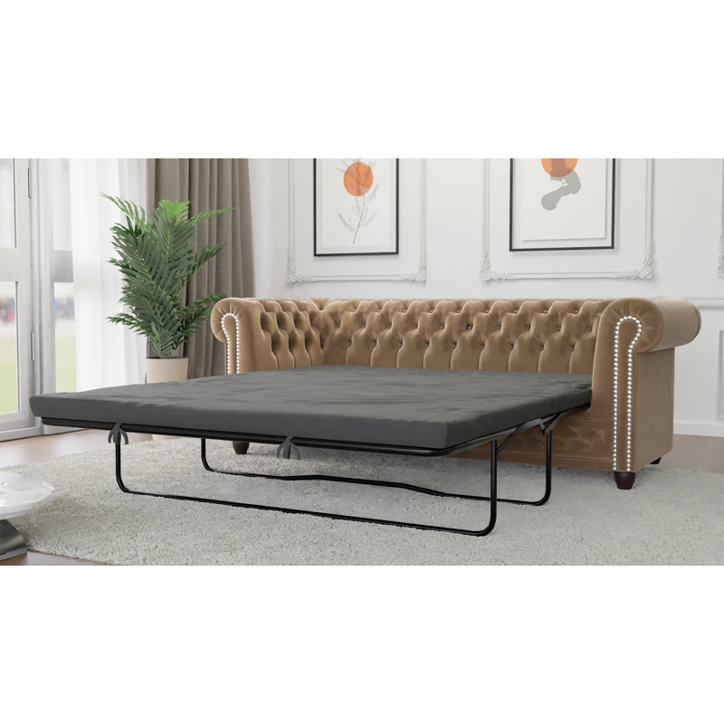Chesterfield Hanna 3 Seater Sofa with Sleeping Function Made of Velvet Fabric with Solid Wood Legs, Beige
