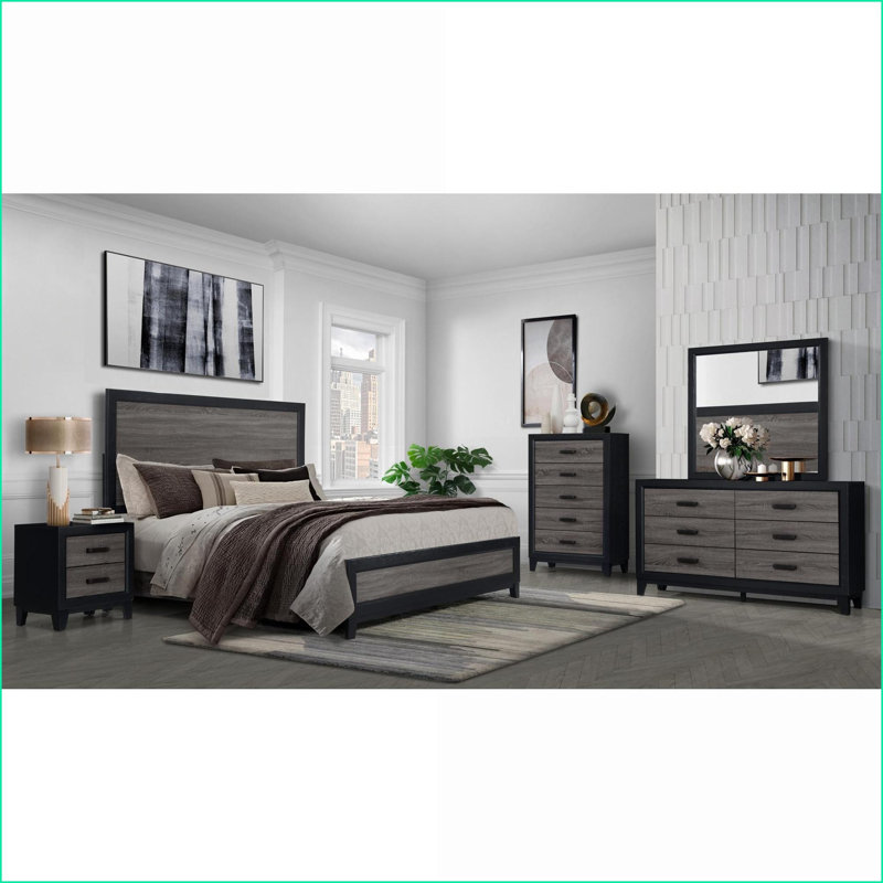 SOLUTO Grey &amp; Black Urban Farmhouse 2-Drawer Nightstand