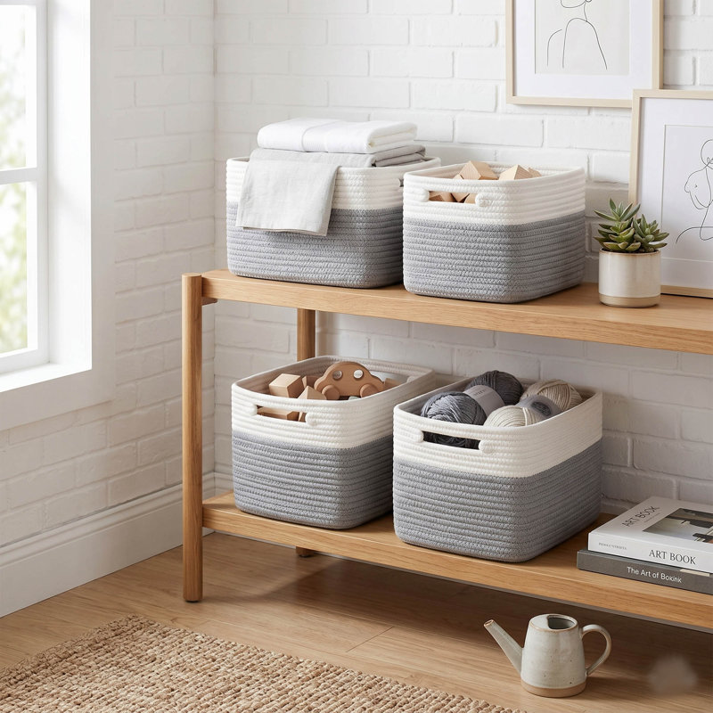 Ensemble de 4 paniers de rangement en corde de coton, étagères de rangement pour jouets et vêtements, Blanc / Gris