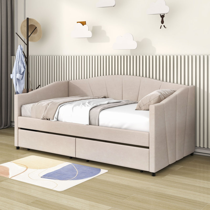 Torkelson Twin Size Velvet Upholstered Daybed with Two Drawers and Slats, Beige