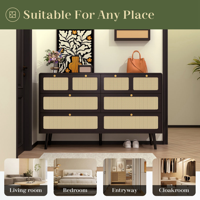 Commode décorative avec 6 tiroirs, pieds en bois et poignées en métal