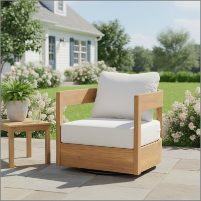 Fauteuil club pivotant en bois Telluride, finition teck avec coussin beige