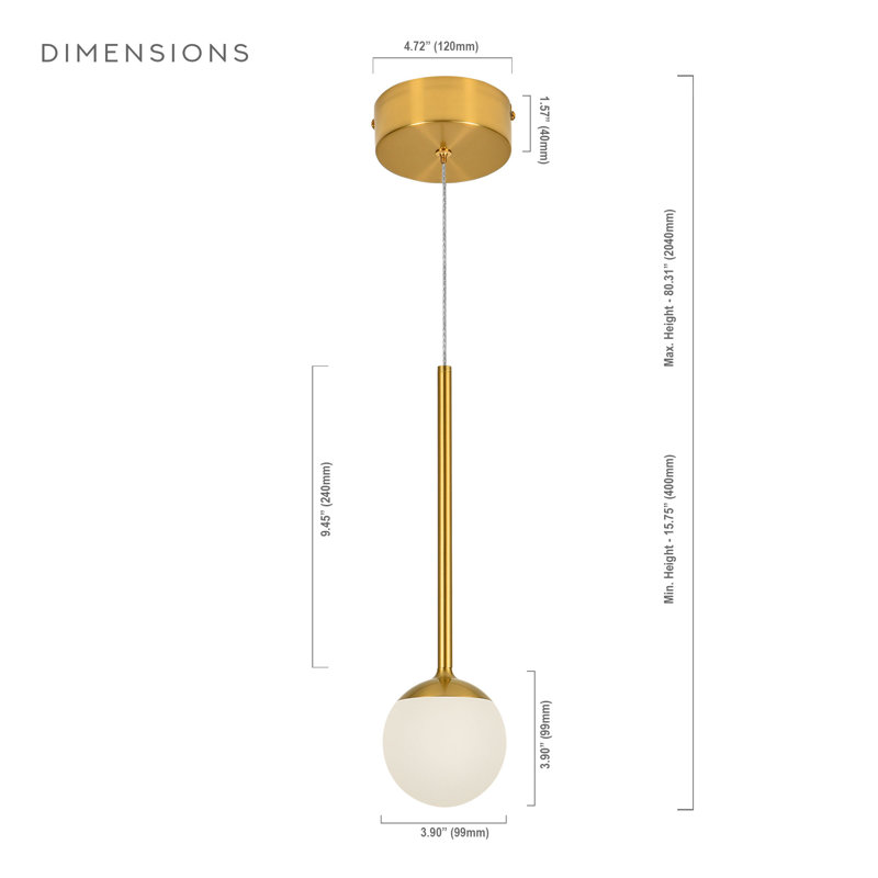Capri 5-in 100-277V 1-Light ETL Certified Integrated LED Height Adjustable Globe Pendant Lighting, Antique Brass