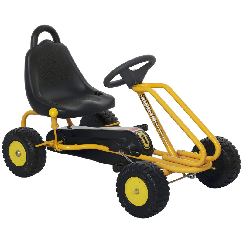 Karting pour enfants, karting à pédales 4 roues avec volant, siège réglable, frein à main de sécurité, voiture électrique extérieure pour garçons et filles de 3 à 6 ans, jaune