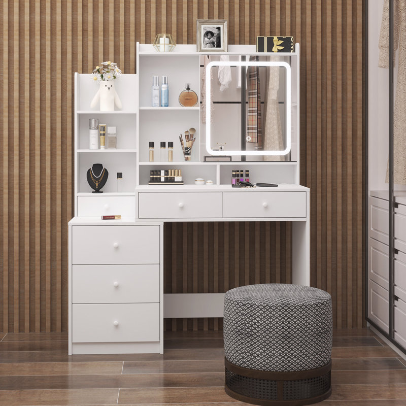 Bureau de maquillage avec 6 tiroirs, miroir coulissant et tablettes de rangement, 3 modes d'éclairage
