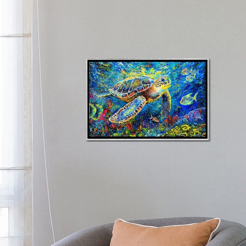 «Ocean Symphony Turtle's Coral Haven», reproduction d'art mural encadrée, H 18 po x l 26 po, Argent argent