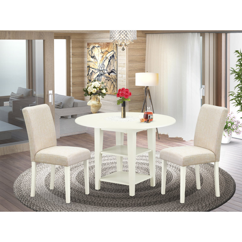3 Piece Dining Table Set Contains a Round Dinner Table with Dropleaf & Shelves and 2 Light Beige Linen Fabric Upholstered Chairs, Linen White