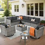 Rebbecca 8 - Person Patio Furniture Set with Swivel Rocker, Outdoor Wicker Rattan Sectional Seating Group with Cushions, All Weather Sofa Conversation Set with Fire Pit Table for Garden Backyard