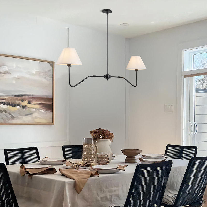 Modern Linear Chandelier For Dining Room, 55 Inch Farmhouse Kitchen Island Lighting With White Fabric Shades, Hanging Lighting Fixtures For Living Room Bedroom