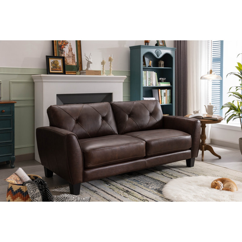 Canapé en cuir véritable avec coussin touffeté à losanges