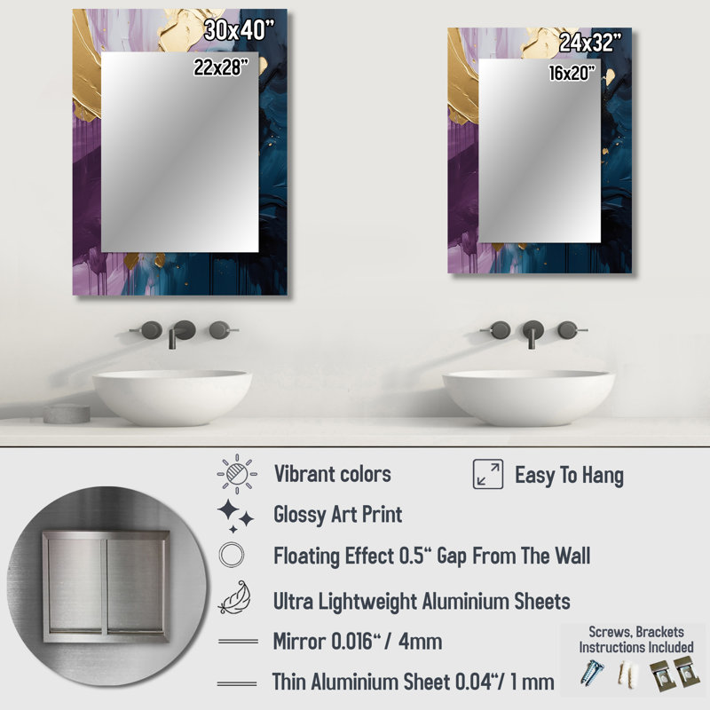 Purple And Blue Realities On Canvas IV - Abstract Painting Wall Mirror, Modern Decorative Mirror, Printed Metal Art