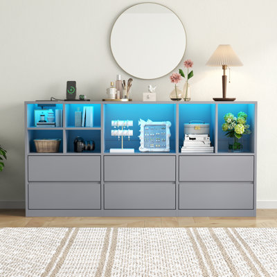 Commode blanche avec 6 tiroirs pour la chambre à coucher, commode 63 po avec 7 casiers ouverts, commode longue avec lumières à DEL, armoire de rangement à double tiroir pour le salon, le placard et le couloir