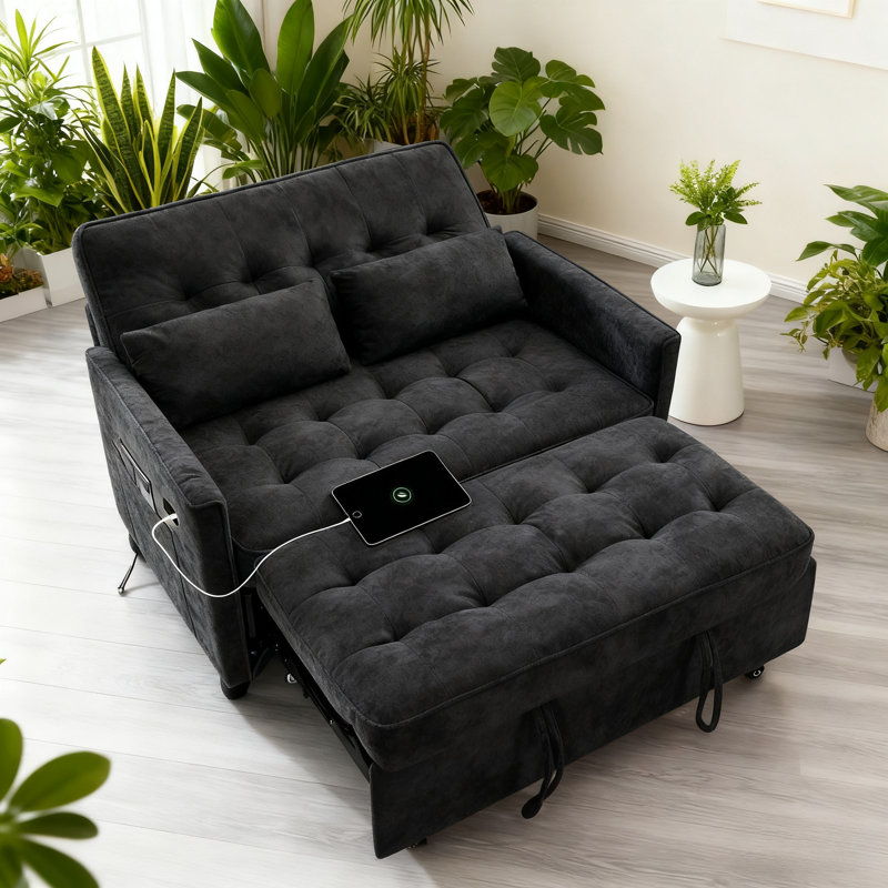 Canapé-lit convertible gris foncé avec charge USB, dossier réglable et tissu de serviette, causeuse coulissante pour le salon