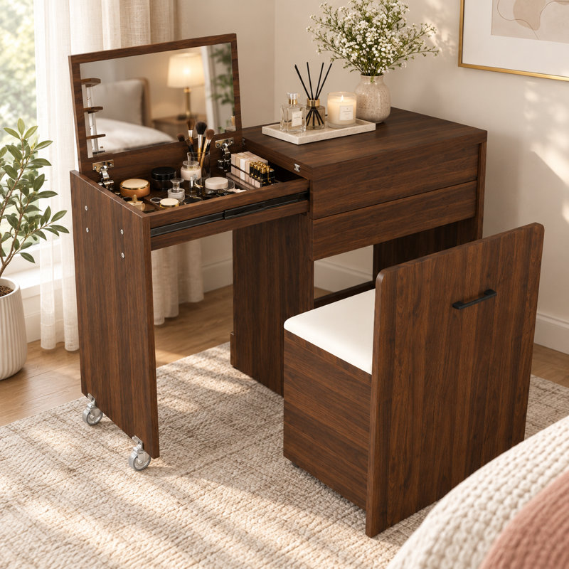 Coiffeuse extensible 3 en 1 de 119 cm (47 po) avec miroir rabattable, bureau pliant avec rangement pour cosmétiques, tiroir et tabouret de rangement à roulettes, noyer