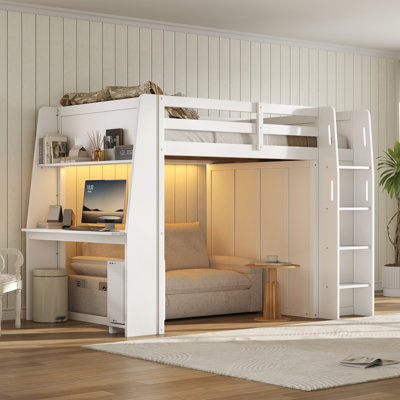 Full Size High Loft Bed with Desk, LED Lights, Storage Stairs & Double Door Wardrobe Closet, White