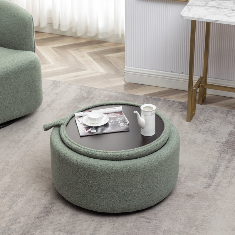 Savinien Upholstered Round Storage Ottoman, Green Performance Boucle