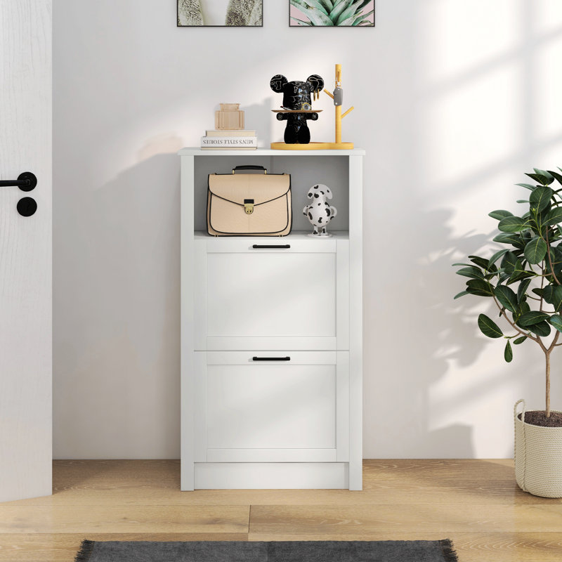 Shoe Storage Cabinet With Open Compartment And 2 Flip Drawers