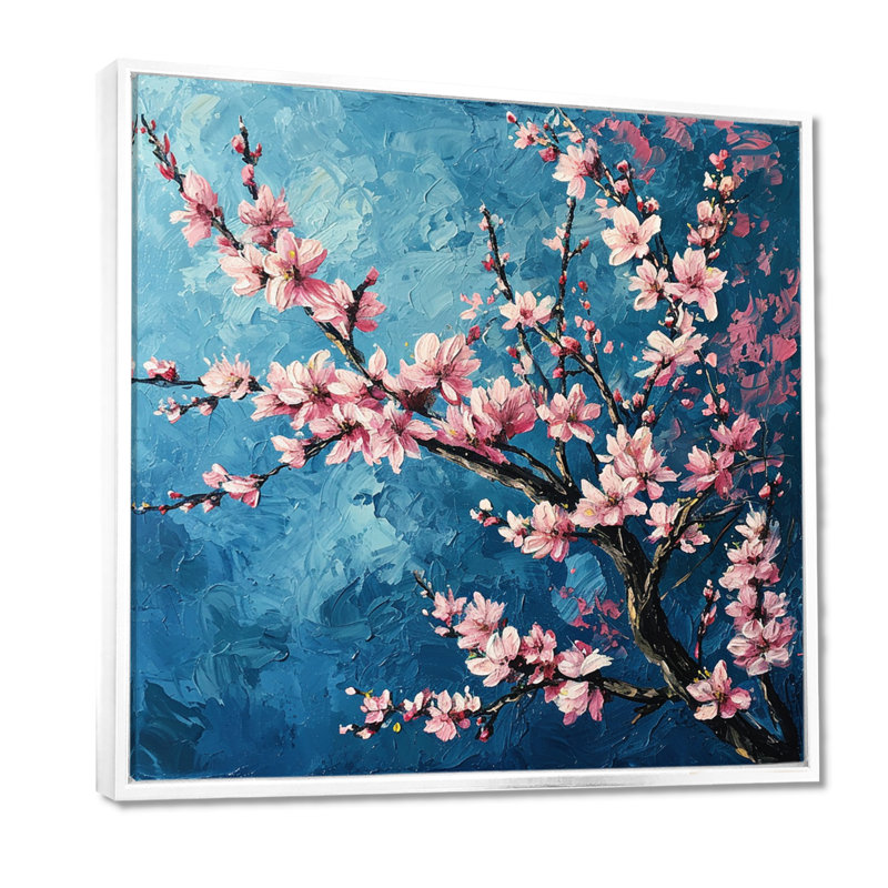 Fleur de cerisier rose sur fond bleu ciel peint - fleur de cerisier, Toile encadrée flottée blanche