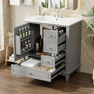 30" Bathroom Vanity With Sink, One Door With Shelf And Three Drawers, Soft Close Door