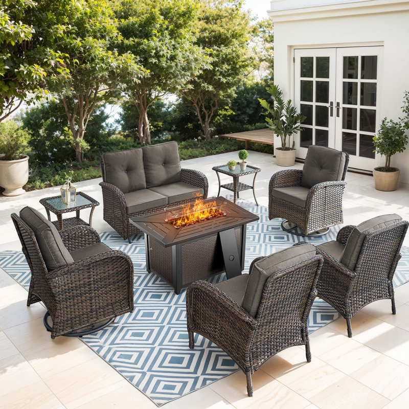 Valierius 7-Piece Patio Set With Glider Loveseat, Swivel Chairs & Fire Pit Table For Backyard, Garden, Gray