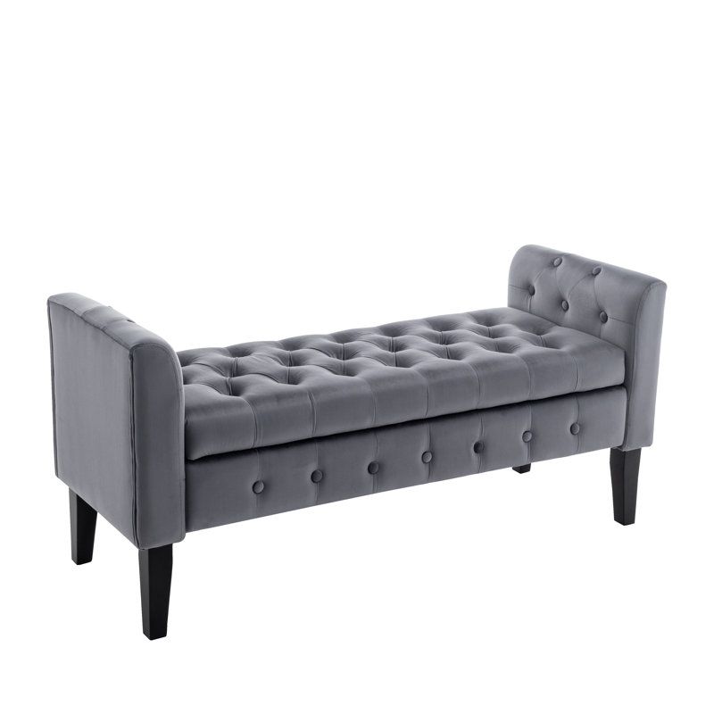 Vendrina Velvet Storage Bench with Rubberwood Legs, Dark Grey