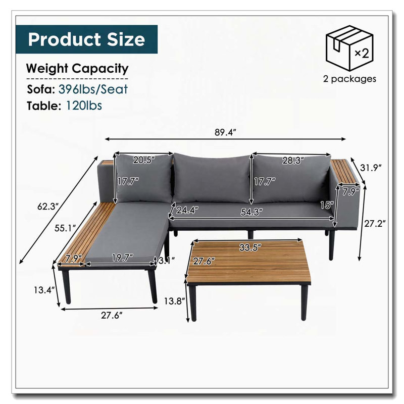 Ensemble de canapé de patio en L en bois d'acacia avec table d'appoint et coussins de 3,15 po, Gris