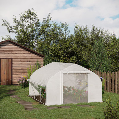 Serre de plain-pied en acier galvanisé 11,5 pi x 10 pi x 6,5 pi, porte à fermeture à glissière, 7 fenêtres, parois latérales, blocage, serre à 85% de lumière du soleil, structure en acier, porte et pépinière