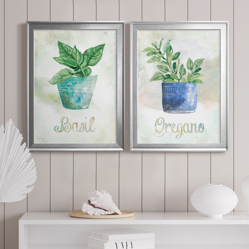 Basilic en pot - Ensemble de 2 peintures sur toiles, H 22,5 po x l 61 po x P 1,5 po, Toile avec cadre argenté