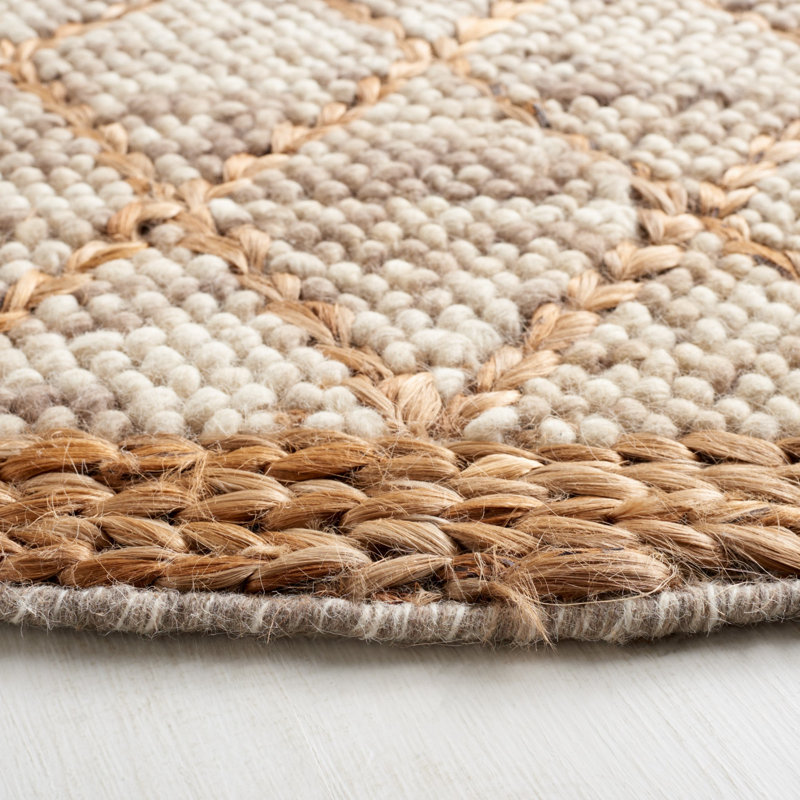 Fabeha Hand Woven Wool/Cotton Geometric Rug in Brown/Natural, Round 6'