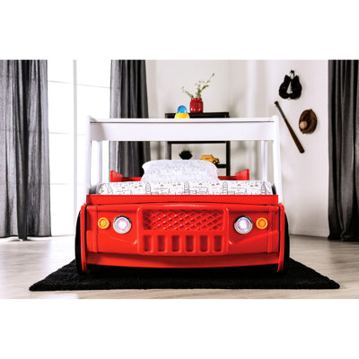 Modern Red Twin Bed With Race Car Design, High Gloss Finish, And Particle Board, Metal Structure, Slat Kit, For Bedroom, 84.5 In Long, 47.61 Wide, 35.5 High, 120 Lb Design Bed, Support Style 82.87