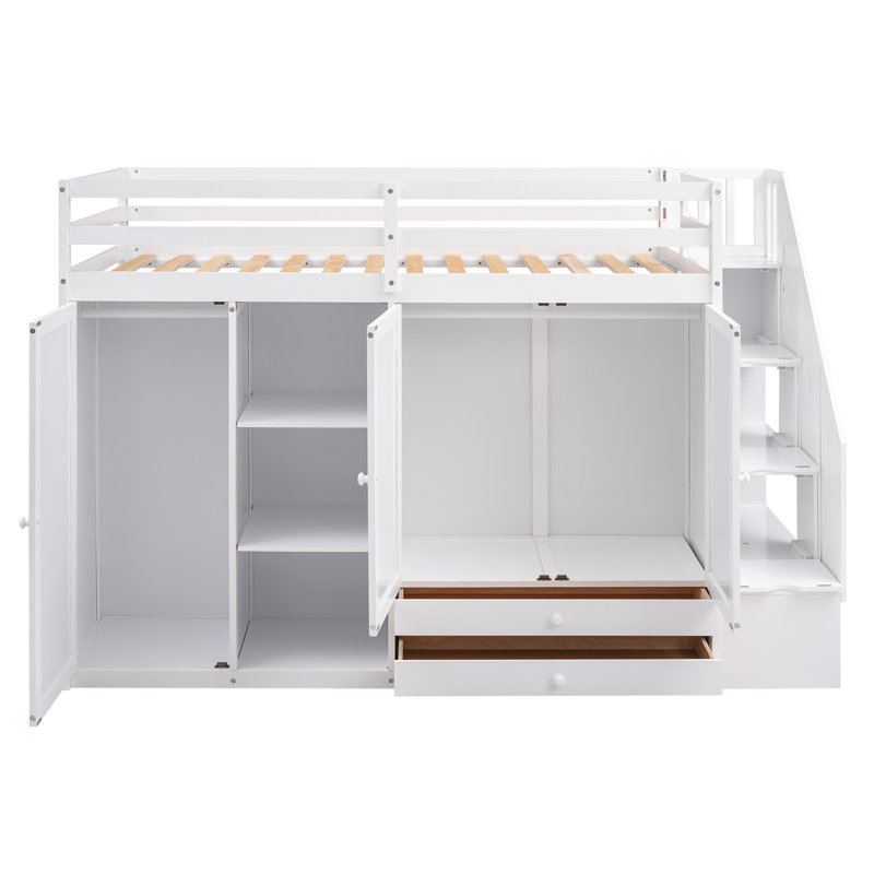 Ember Loft Bed With Shelves, Wardrobes, Drawers and Sturdy Pine Wood Frame, White