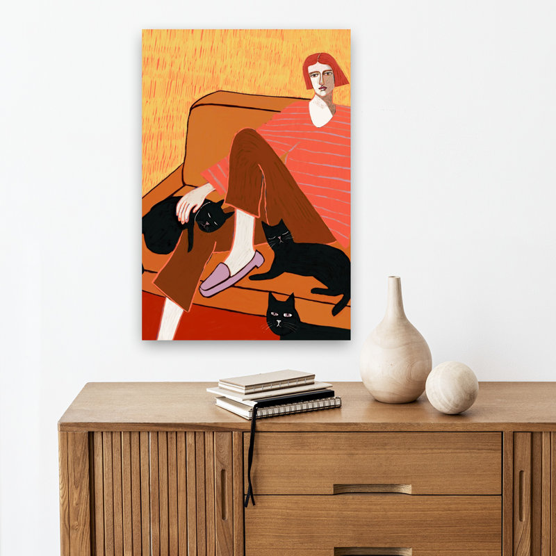 Woman And Black Cats Contemporary Modern Tranquil Cat Architecture Wall Art Print 1 Piece Wrapped Canvas Wall Art