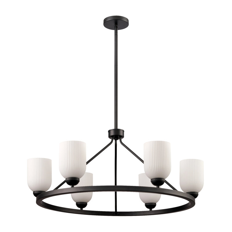 Lustre en roue de chariot à 6 lumières, Noir mat, H 13 po x l 30 po x P 30 po