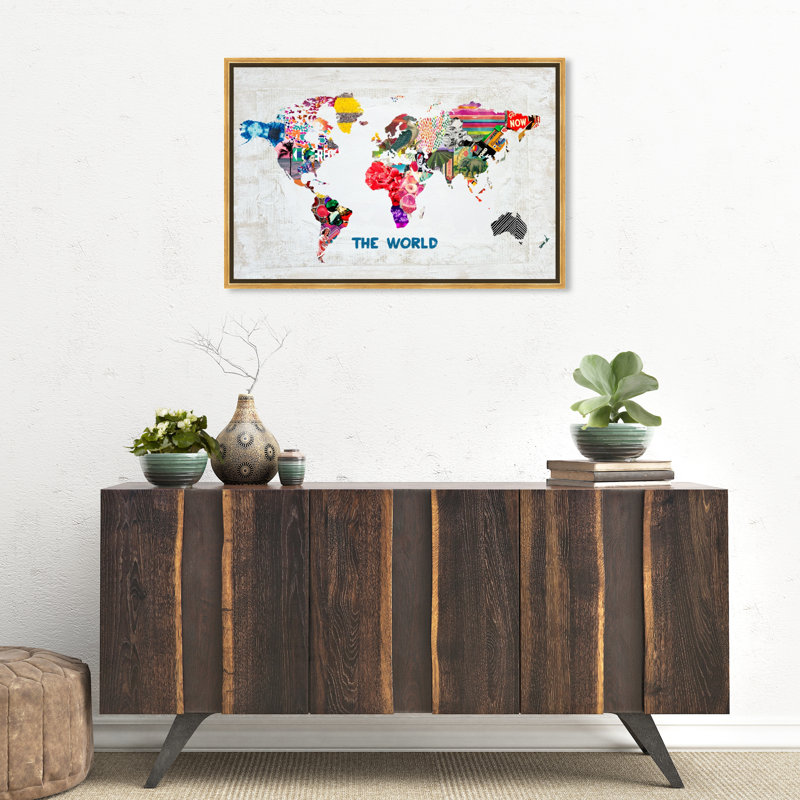 Hipster Mapa Mundi - impression sur toile tendue, H 15 po x l 10 po, Cadre doré