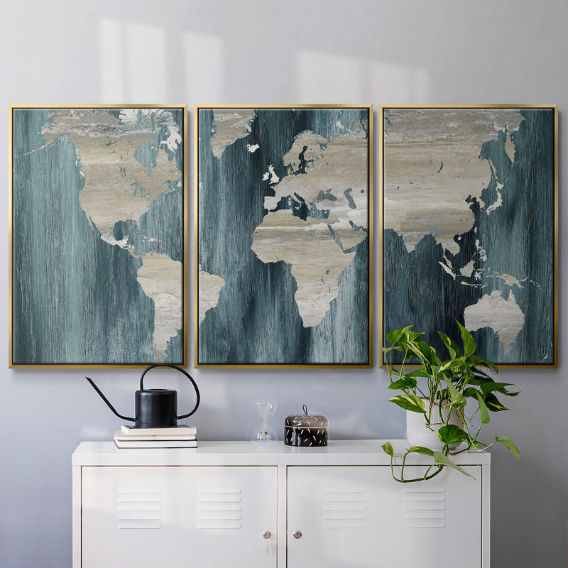 Carte du monde marine - Toile encadrée multi-pièces, H 40 po x l 78 po x P 2 po, Or